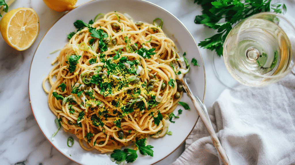 Dirty Martini Pasta served with lemon zest and herbs