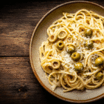 Dirty Martini Pasta with olives and creamy cheese sauce