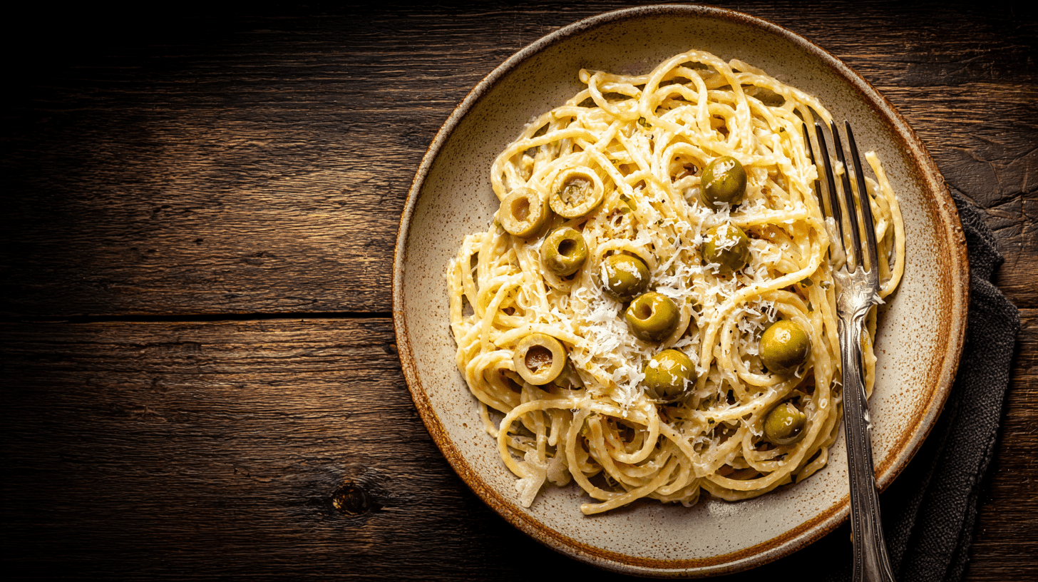Dirty Martini Pasta with olives and creamy cheese sauce