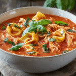 Tomato Basil Chicken Tortellini Soup in bright close-up shot