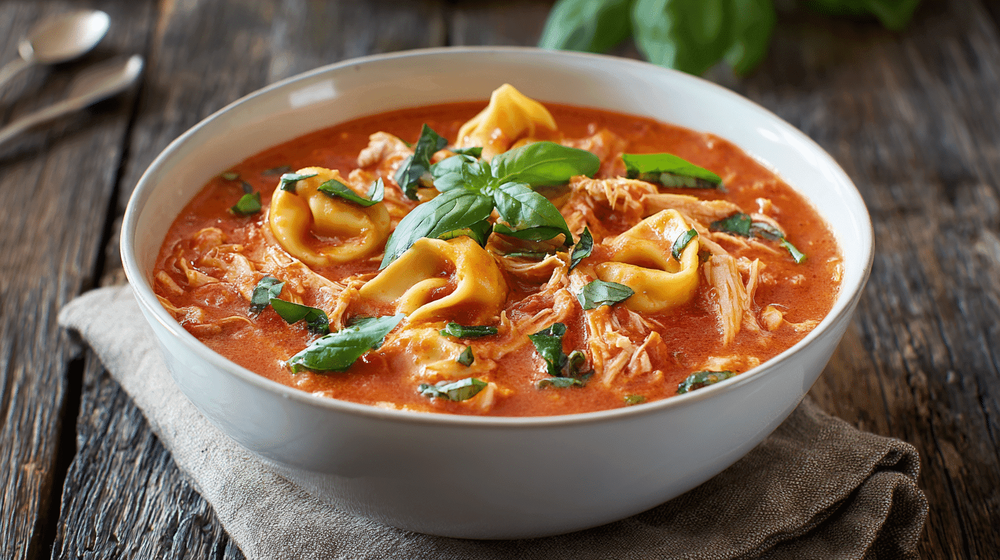 Tomato Basil Chicken Tortellini Soup in bright close-up shot