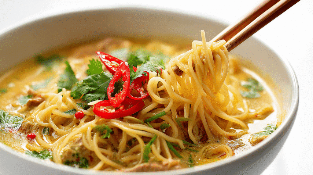 Served Thai Curry Soup with Noodles and herbs