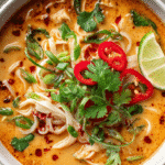 Curry Soup with Noodles in white bowl with herbs