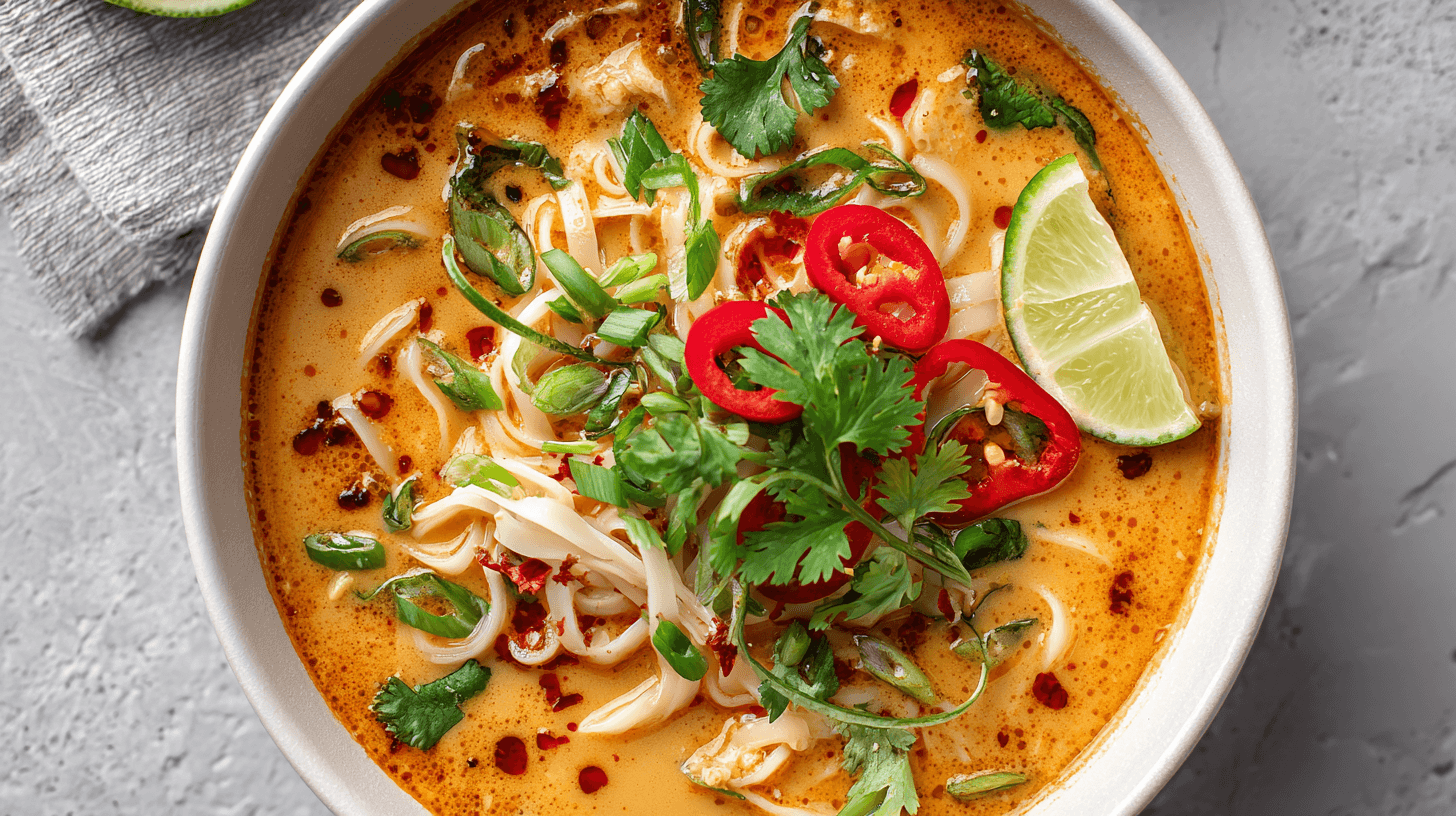 Curry Soup with Noodles in white bowl with herbs