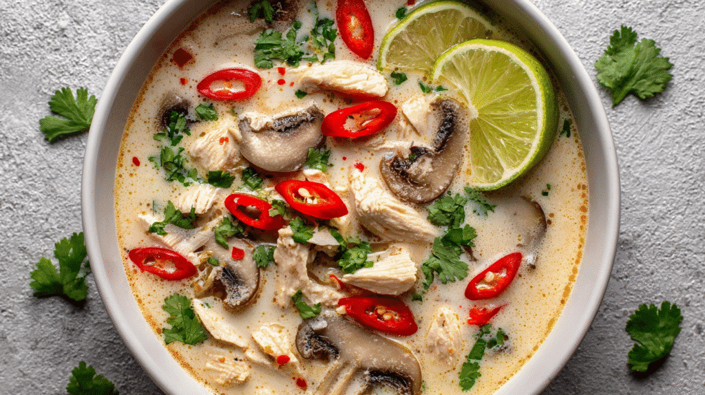 Spicy Thai Chicken Soup in white bowl with coconut milk and chili