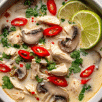Spicy Thai Chicken Soup in white bowl with coconut milk and chili