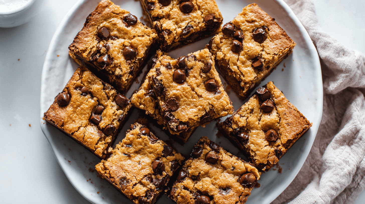Eggless Chocolate Chip Blondies on white plate