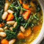 Immune-Boosting Italian Broth Soup in rustic bowl with kale and carrots