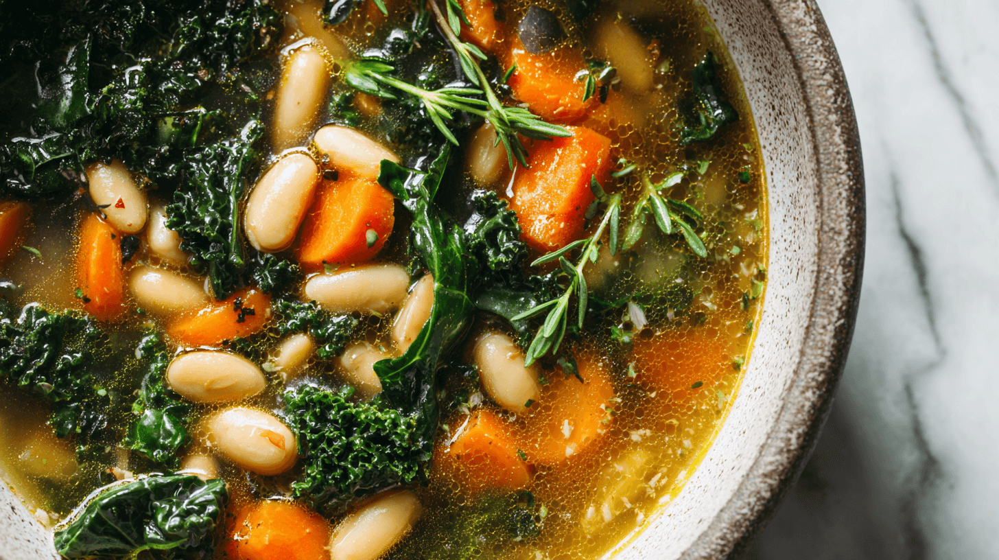 Immune-Boosting Italian Broth Soup in rustic bowl with kale and carrots