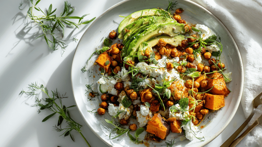 Bright viral cottage cheese sweet potato bowl served fresh