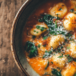 Rustic Italian Gnocchi Soup in a ceramic bowl with creamy tomato broth