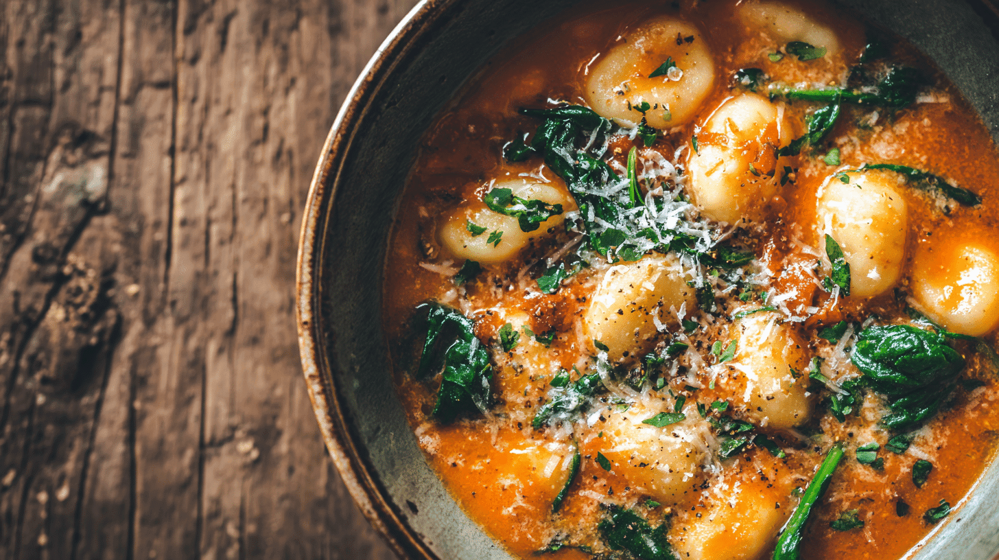 Rustic Italian Gnocchi Soup in a ceramic bowl with creamy tomato broth