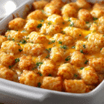 Sausage Ranch Tater Tot Casserole in a white baking dish