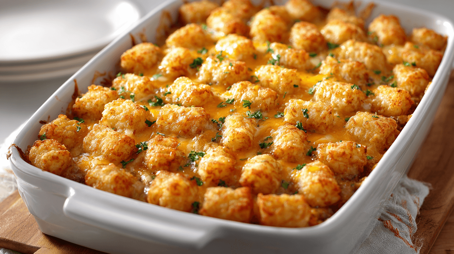 Sausage Ranch Tater Tot Casserole in a white baking dish
