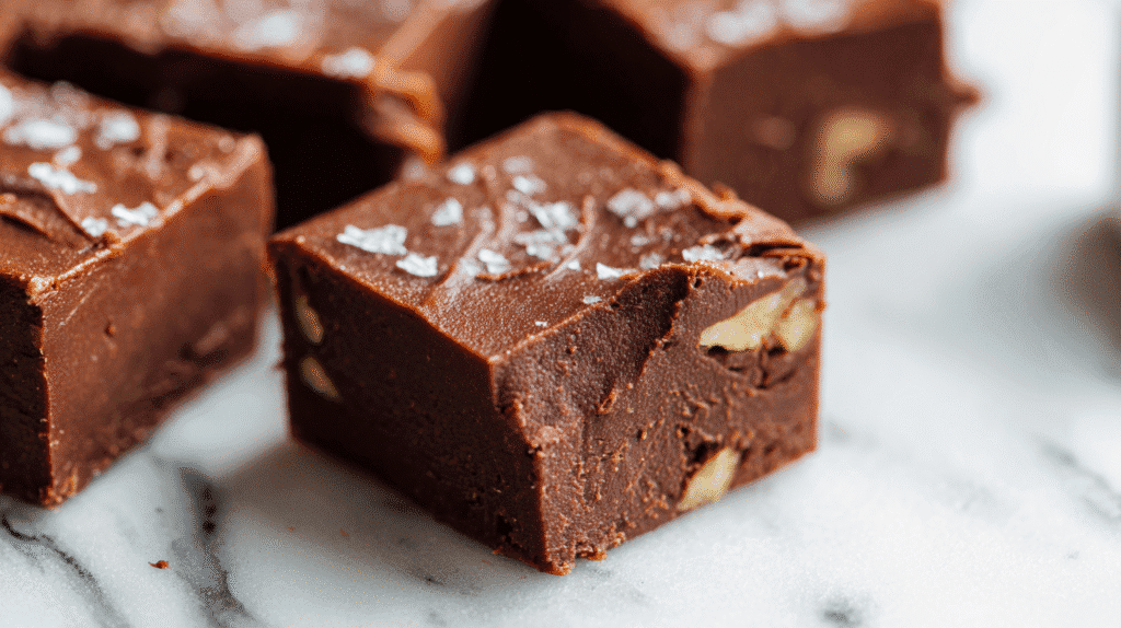 Close-up of Eggless Chocolate Walnut Fudge on marble