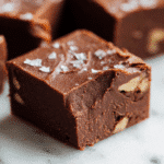 Close-up of Eggless Chocolate Walnut Fudge on marble