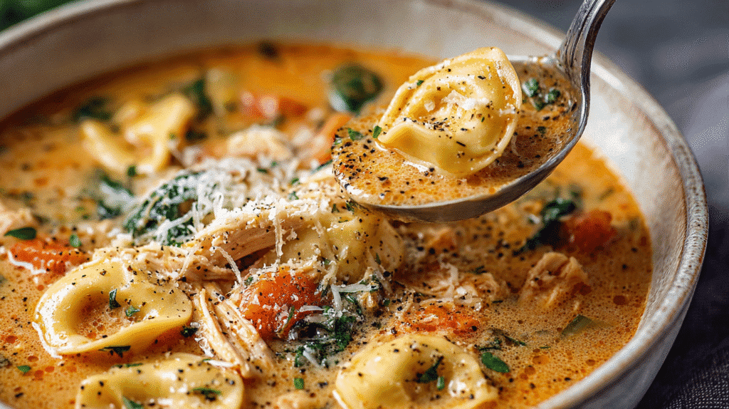 Tuscan Chicken Tortellini Soup with Spinach