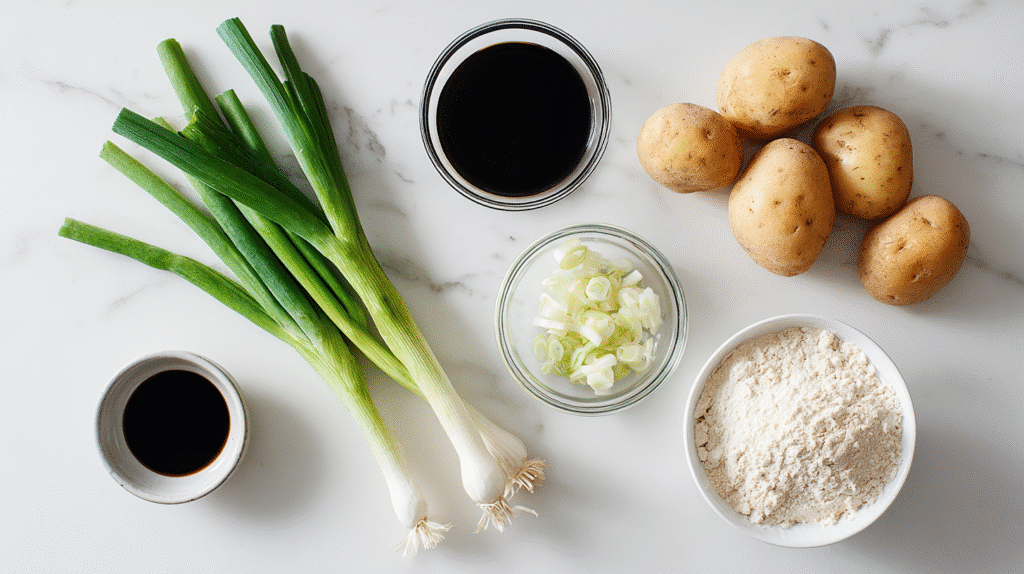 Raw ingredients for Homemade Potato Noodles (Korean Style) on marble surface