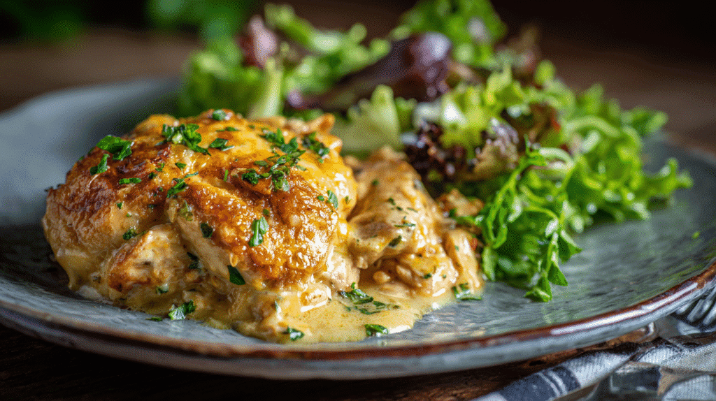 Plated Neiman Marcus Chicken Casserole with salad