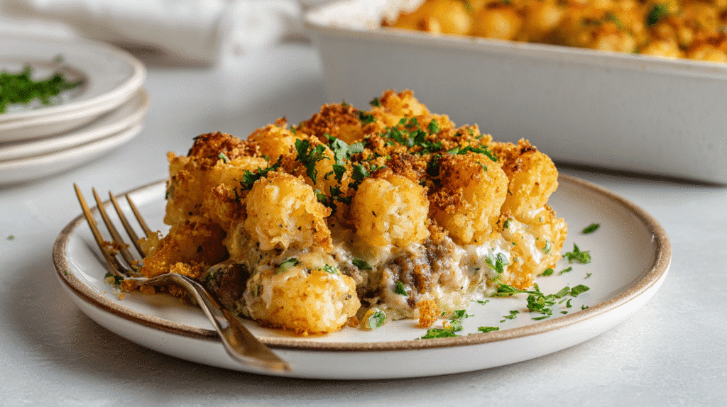 Assembling sausage ranch tater tot casserole with tater tots on top