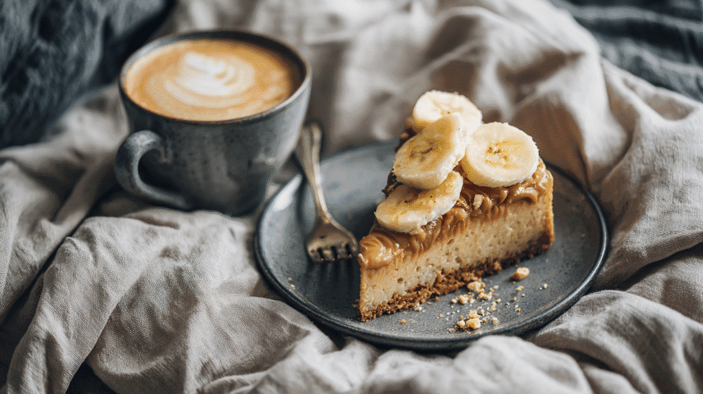 Served Giant Peanut Butter Rice Cake with banana and coffee