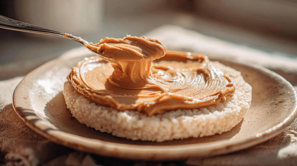 Spreading peanut butter on rice cake