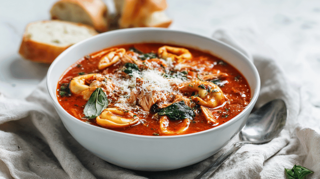 Tomato Basil Chicken Tortellini Soup served with basil and parmesan