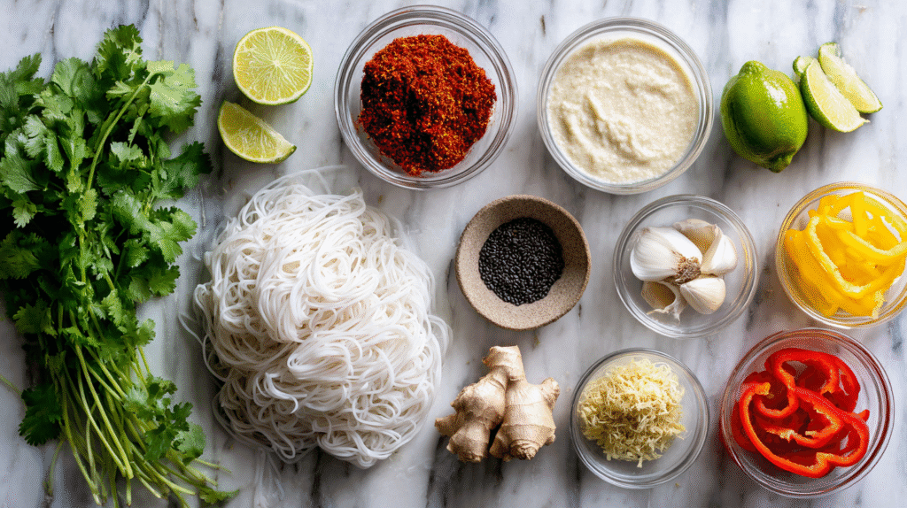 Thai Curry Soup with Noodles ingredients arranged flat lay