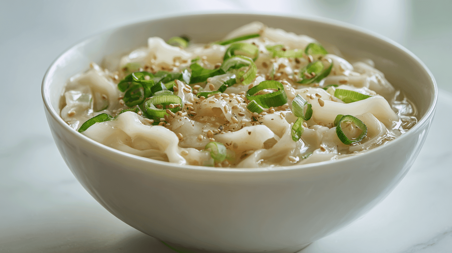Homemade Potato Noodles (Korean Style) in white ceramic bowl with green onions