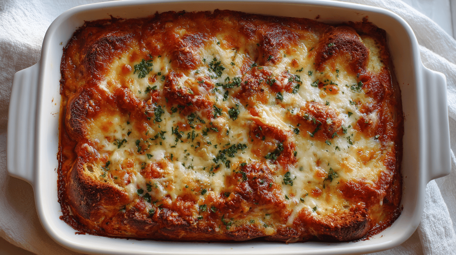 Tomato Soup & Grilled Cheese Casserole in baking dish