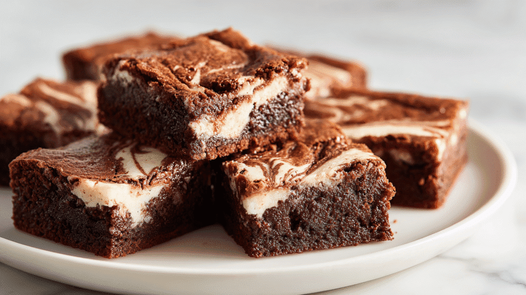 Sliced Nutella swirl brownies plated for serving