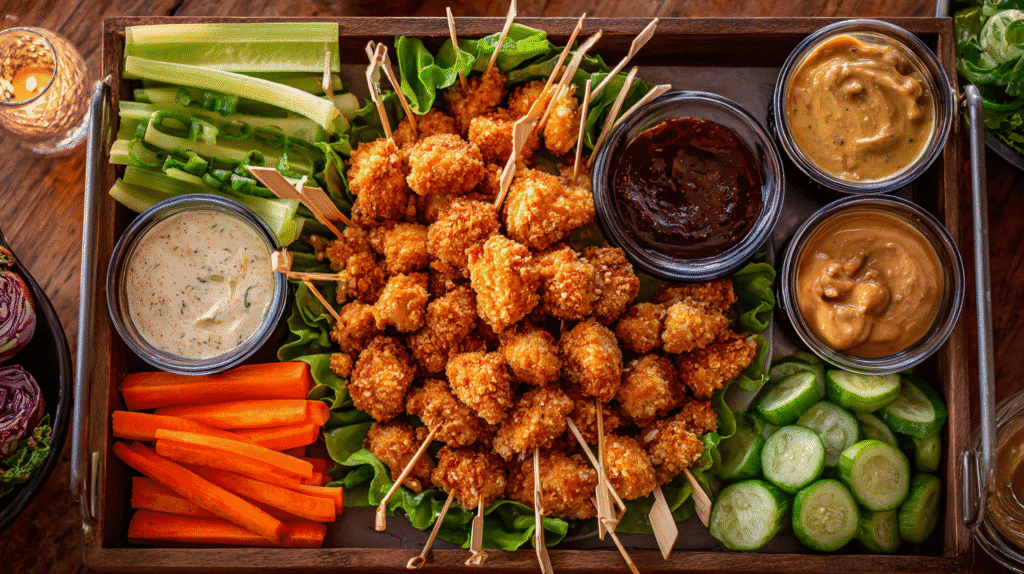 Bang Bang Chicken Bites served on party tray with sauces