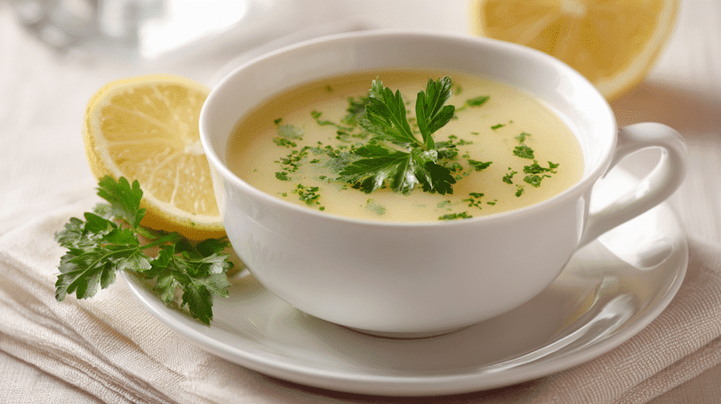 Finished bowl of Penicillin Soup with garlic and greens