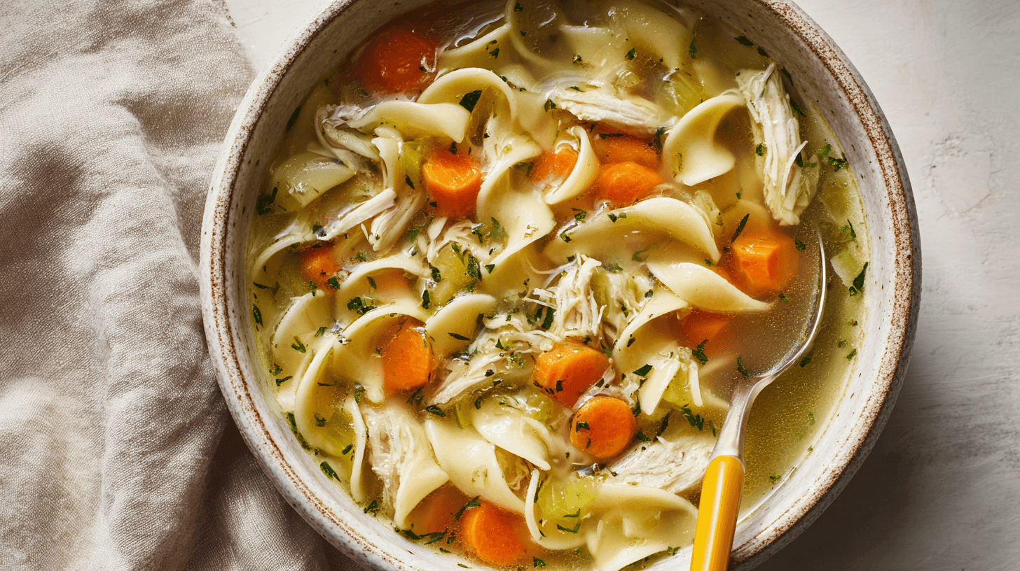 Cozy Healing Chicken Noodle Soup in a rustic ceramic bowl