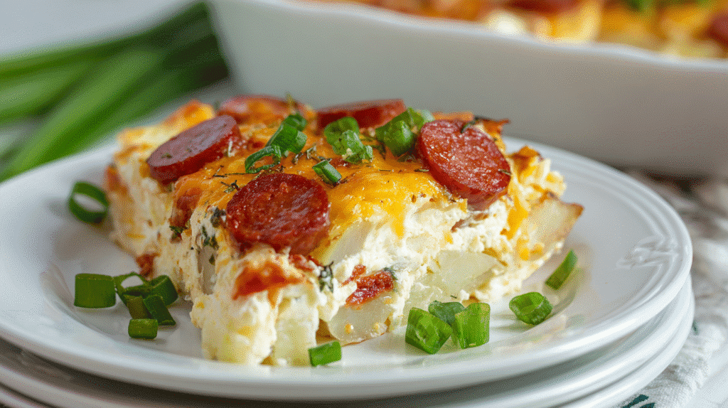 Served portion of Cheesy Ranch Potato & Smoked Sausage Bake
