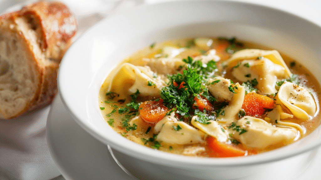 Served bowl of Classic Chicken Tortellini Soup with parsley