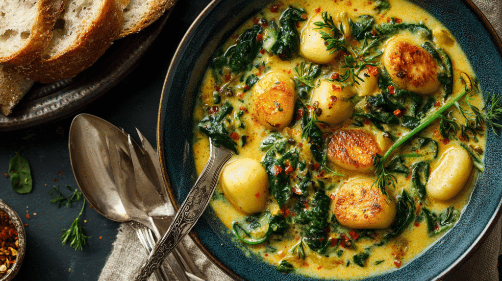 Bowl of Sausage & Potato Gnocchi Soup served with bread
