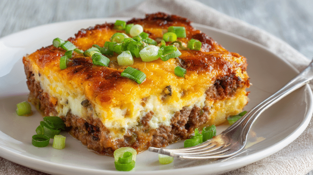 Served slice of Loaded Ranch Sausage Casserole on a white plate