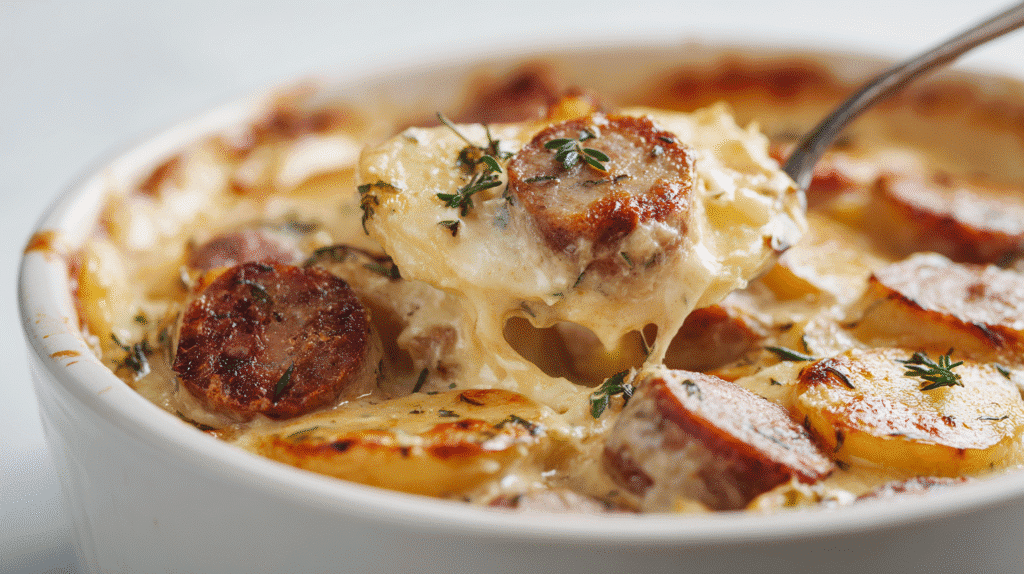 Spoonful of sausage and potato casserole served