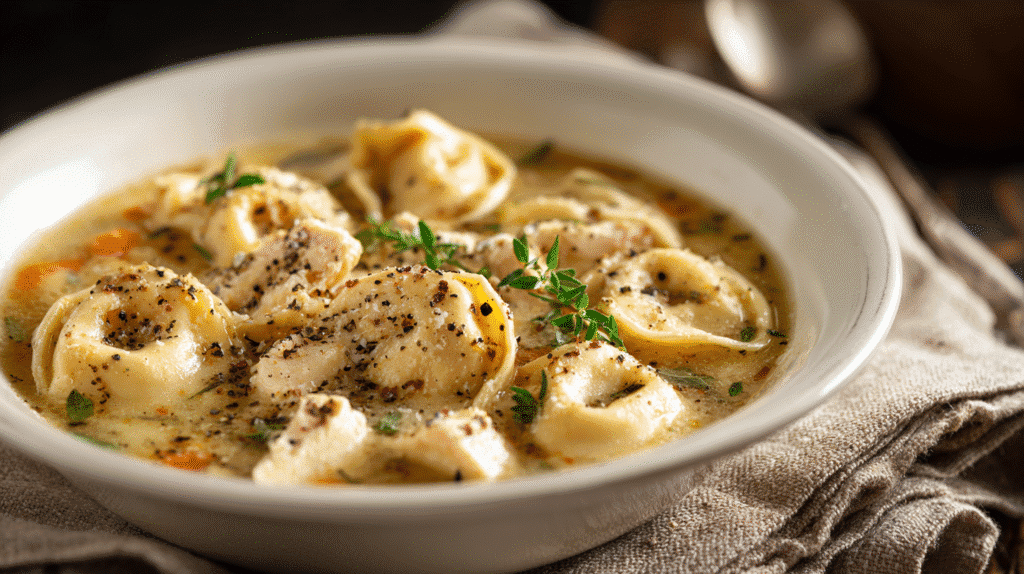 Bowl of creamy Parmesan Chicken Tortellini Soup ready to serve