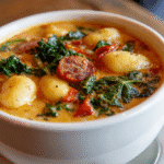Spicy Sausage Gnocchi Soup with Kale in a white bowl