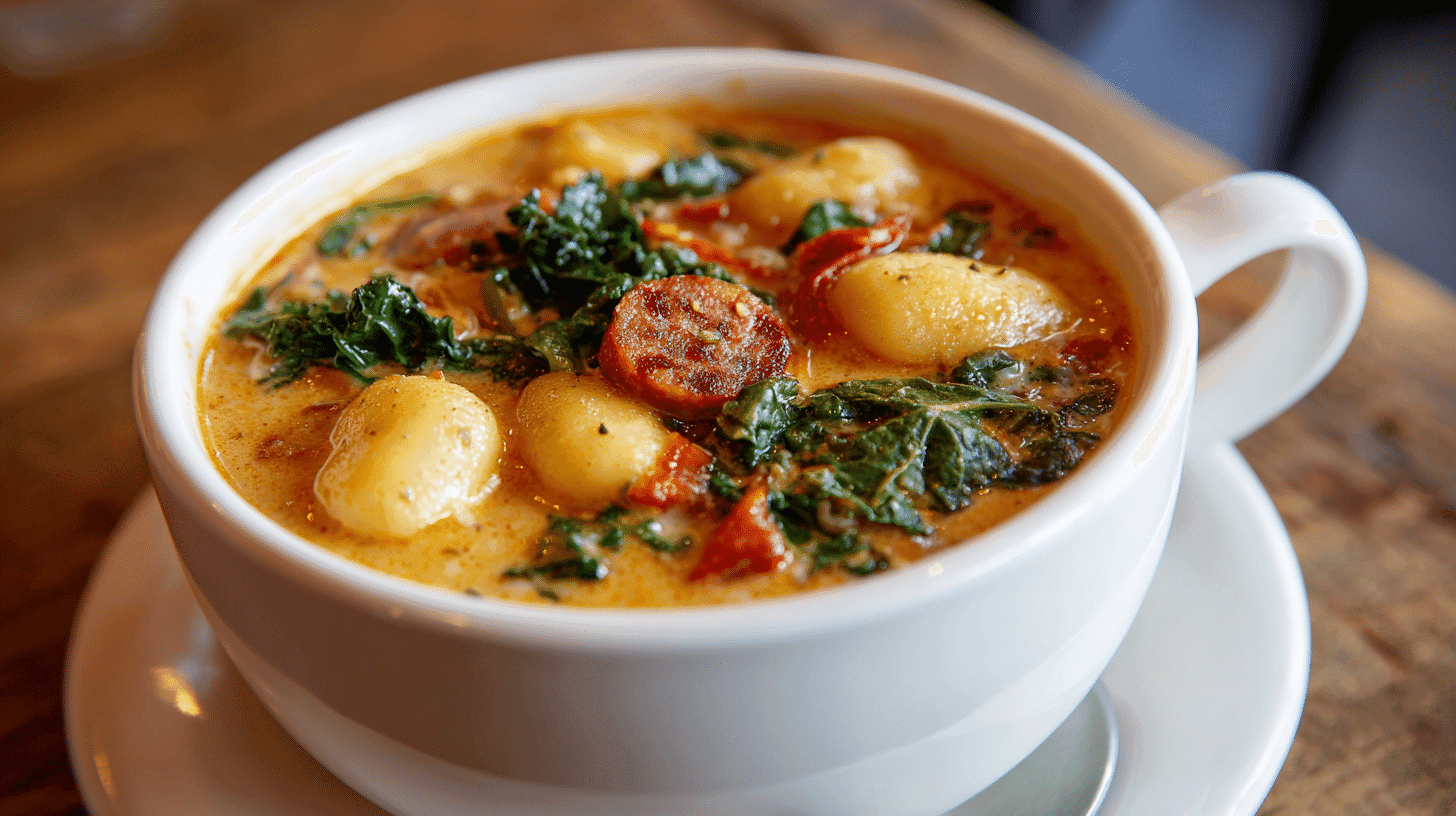 Spicy Sausage Gnocchi Soup with Kale in a white bowl