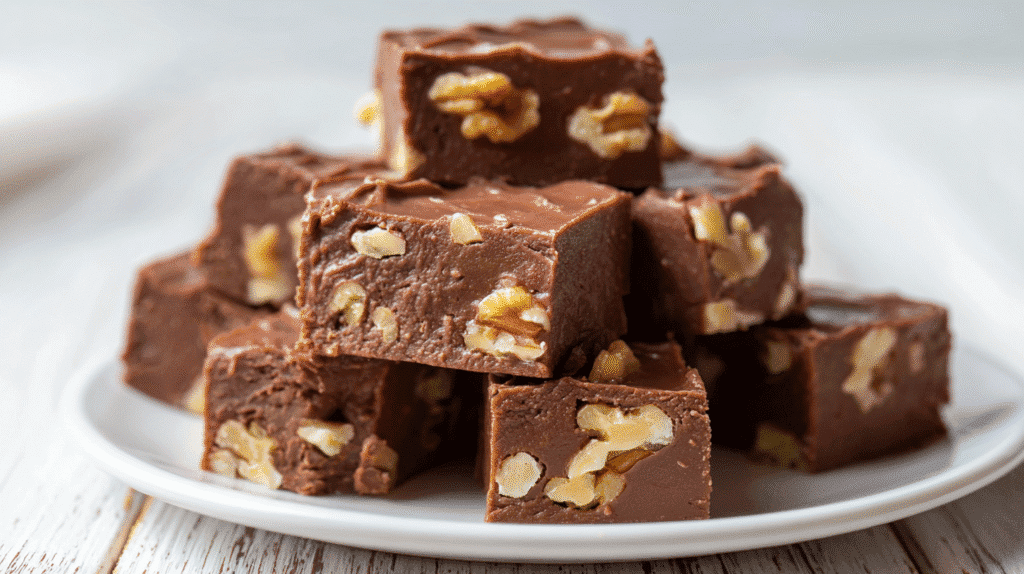 Chocolate walnut fudge squares served on a white plate