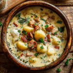 Sausage & Potato Gnocchi Soup in rustic bowl on wooden table