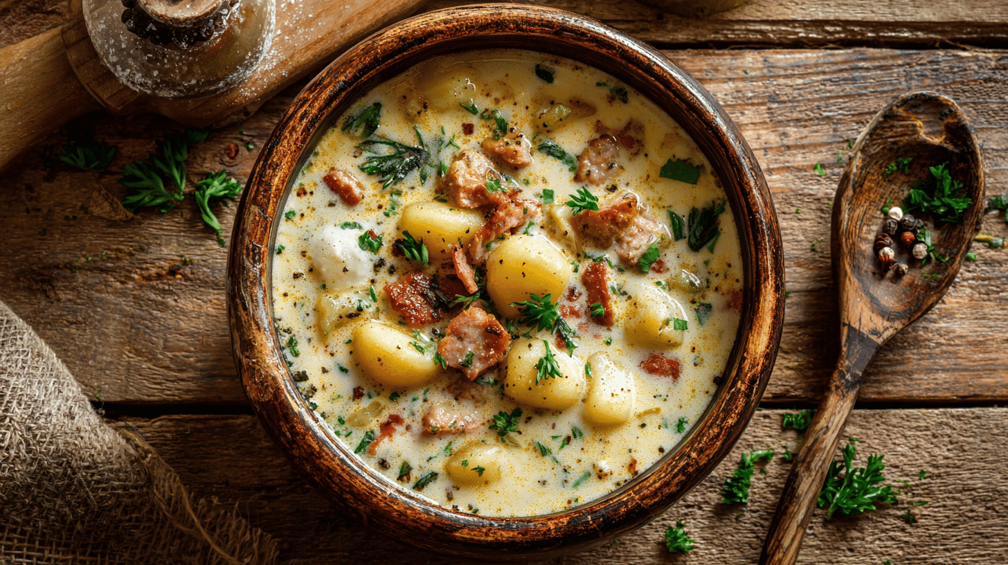 Sausage & Potato Gnocchi Soup in rustic bowl on wooden table