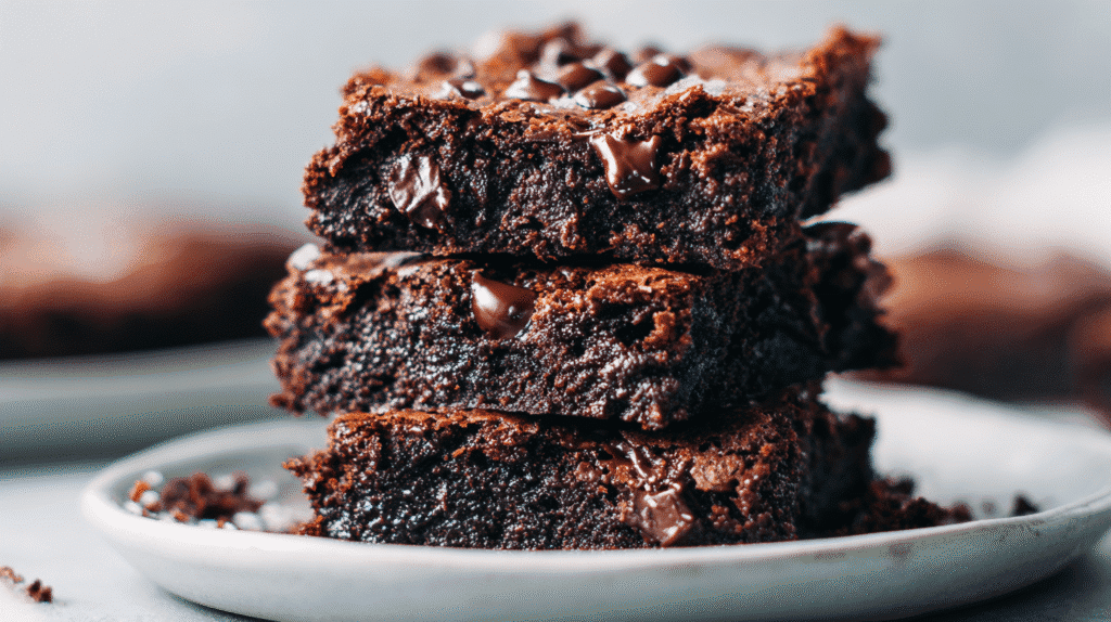 Gooey dairy free double chocolate brownies stacked on plate