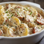 Slow Cooker Sausage and Potato Casserole in a white dish