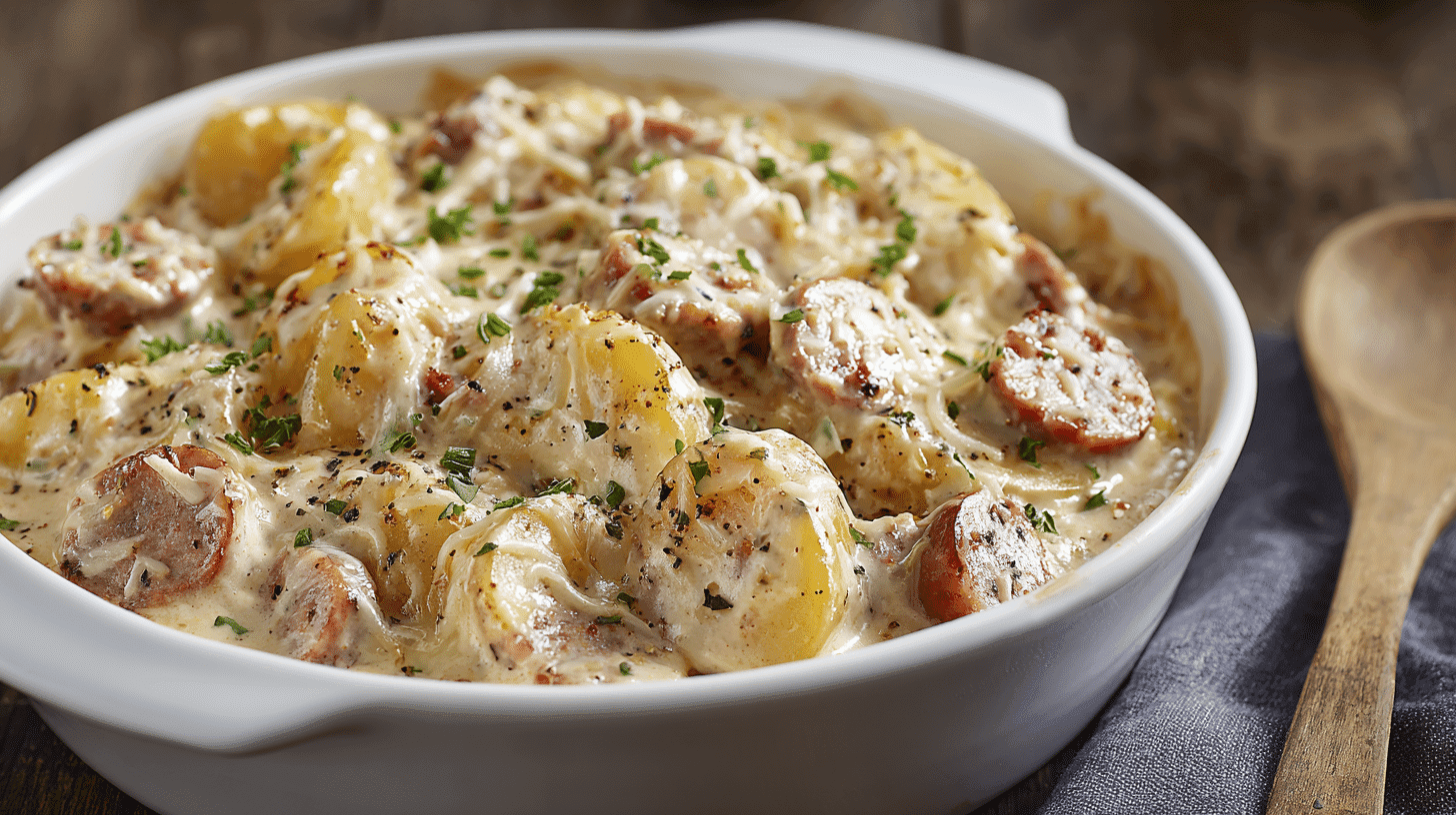 Slow Cooker Sausage and Potato Casserole in a white dish