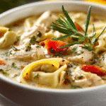Creamy chicken tortellini soup with herbs in a white bowl