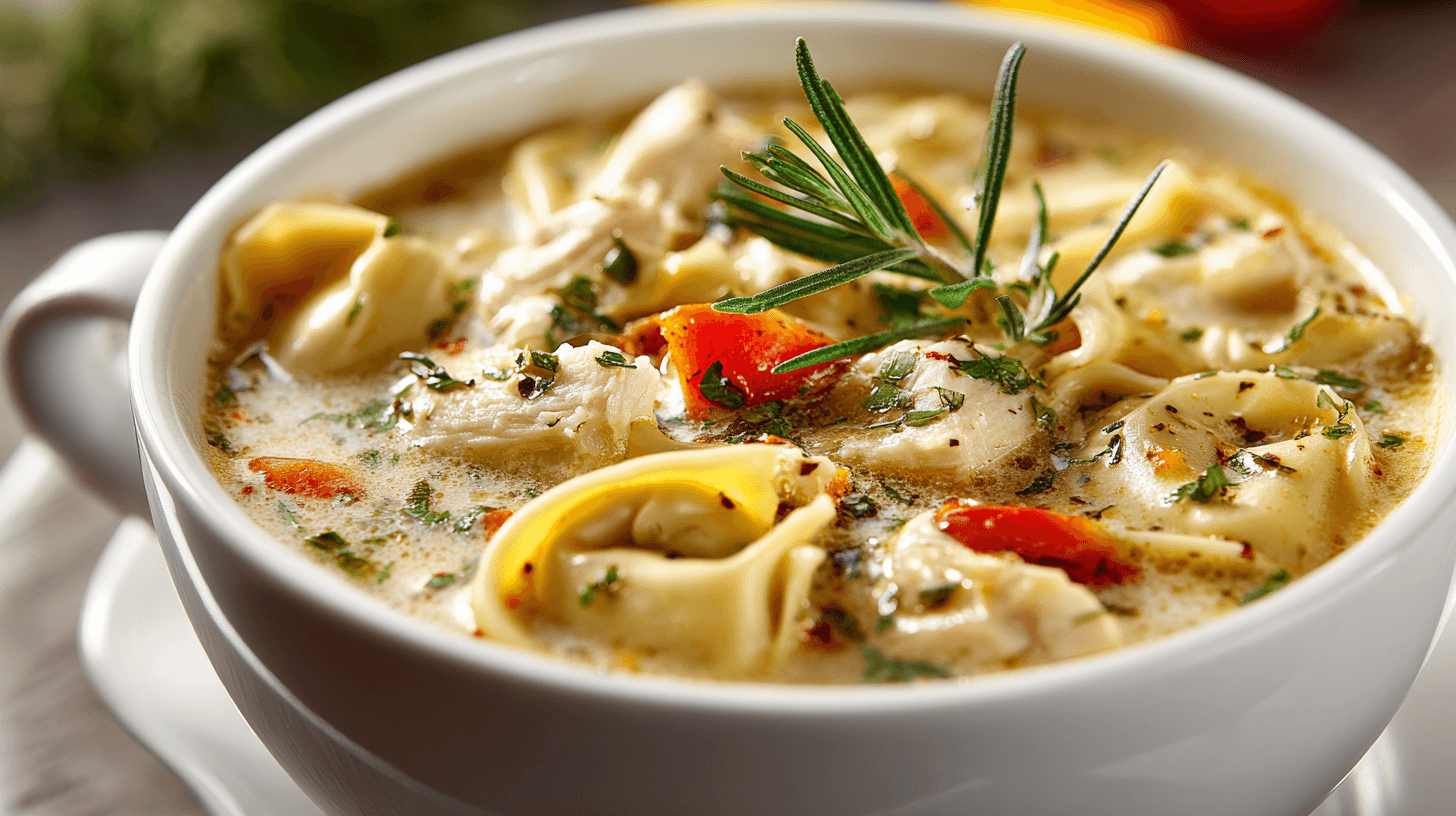 Creamy chicken tortellini soup with herbs in a white bowl